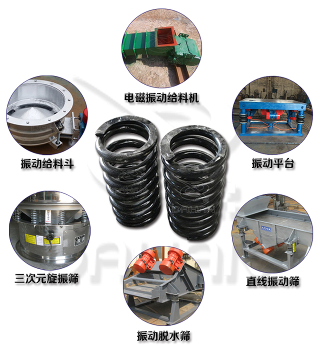 旋振篩減震彈簧適用產(chǎn)品：振動(dòng)給料機(jī)，電磁振動(dòng)給料機(jī)，振動(dòng)平臺(tái)，直線振動(dòng)篩，振動(dòng)脫水篩，三次元旋振篩。