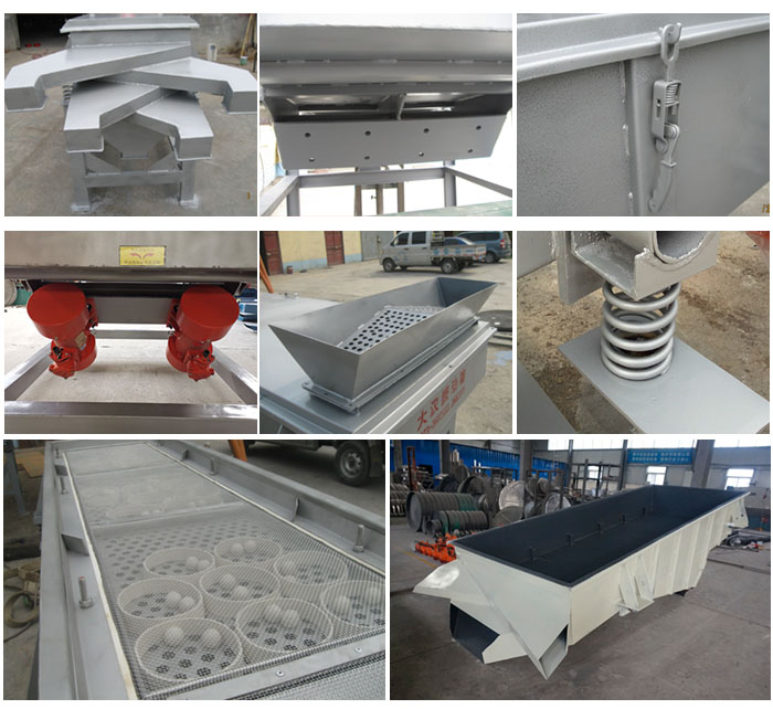 多層直線振動(dòng)篩由進(jìn)料口,底座,振動(dòng)電機(jī),篩網(wǎng),篩框,彈簧,出料口等組成。