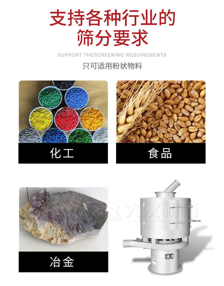 氣流篩用于礦粉，石墨粉，活性納米碳酸鈣，鋁灰，大豆粉，碳酸重鈣，石墨粉，木粉，干草，重金石粉，藥粉末，橡膠顆粒，草酸鹽，干料粉，木粉，聚酯粉，干粉，塑料，金屬粉末，橡膠粉，粉煤灰，石墨粉，陶瓷粉，鋅粉，石英粉，石灰粉，鐵粉，金屬硅粉等。