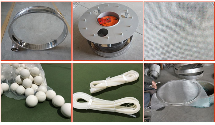 800型全不銹鋼振動篩配件有：振動篩篩框，電機，不銹鋼篩網(wǎng)等。