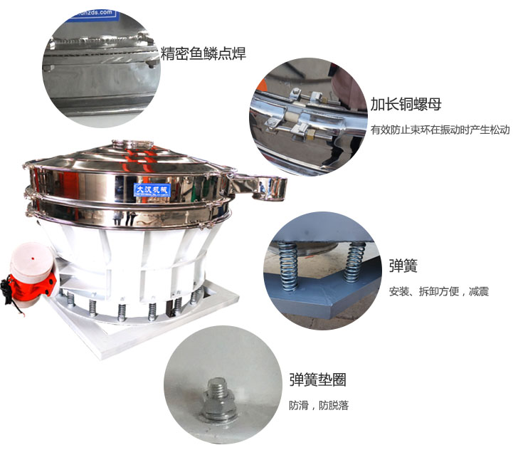 1500直排篩細節(jié)展示：彈簧，彈簧墊圈，加長銅螺母。