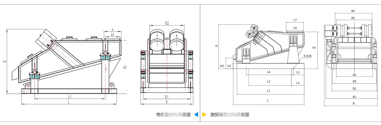 礦用振動篩電機振動式和激振器振動式的內部結構尺寸圖。