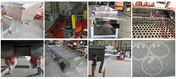 不銹鋼直線篩不同定制出料口，電機(jī)，篩網(wǎng)，篩箱，彈跳球等部件細(xì)節(jié)展示