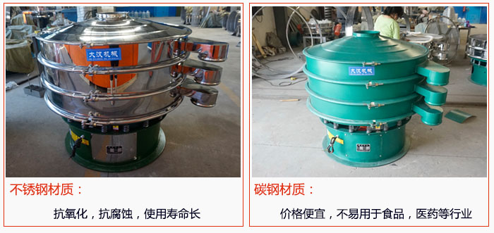 800型振動篩有不銹鋼和碳鋼兩種材質(zhì)，不銹鋼材質(zhì)：抗氧化，抗腐蝕，使用壽命長 碳鋼材質(zhì)：價格便宜，不易篩分食品，化工，醫(yī)藥等行業(yè)的物料。