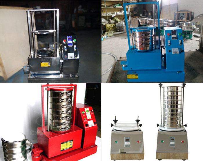 三種不同類(lèi)型的試驗(yàn)篩，區(qū)別控制臺(tái)在下部或在右側(cè)。材質(zhì)為不銹鋼和碳鋼兩種，碳鋼材質(zhì)做了噴漆有：紅色和藍(lán)色兩種。