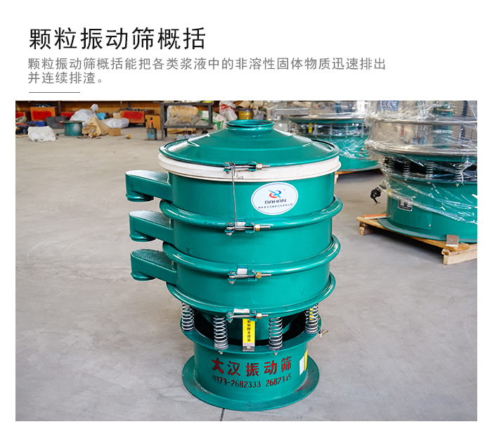 顆粒式振動篩是針對顆粒狀物料進行研發(fā)的，由于顆粒的形狀有很多的不同所以，廠家在清網(wǎng)裝置方面進行提升效率。