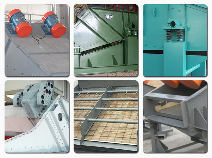 礦用振動篩主要由激振器、篩體、篩網(wǎng)、減振裝置及座架等組成。篩箱由篩框、篩板、襯板等組成