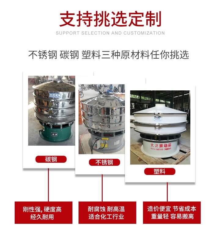 旋振篩可配置一到四層的篩網(wǎng)。旋振篩的篩分效率高，篩分精度高，篩分率高達(dá)96%。