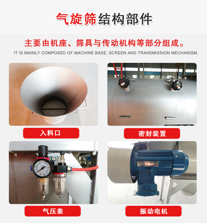氣旋篩結(jié)構(gòu)：入料口，密封裝置，電機，氣壓表等