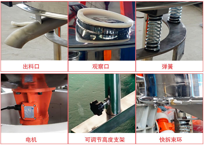 高頻篩細(xì)節(jié)展示：出料口，觀(guān)察口，彈簧，電機(jī)，可調(diào)節(jié)高度支架，快拆束環(huán)。