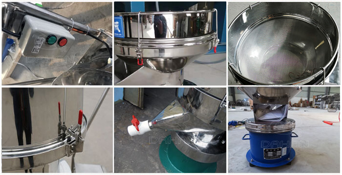 過(guò)濾篩細(xì)節(jié)展示：控制開(kāi)關(guān)，篩框，出料口閥門(mén)，底座等